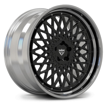 Custom forged 2-piece wheels with a deep lip design, showcasing black and polished aluminum finish, ideal for custom Mercedes Benz vehicles.
